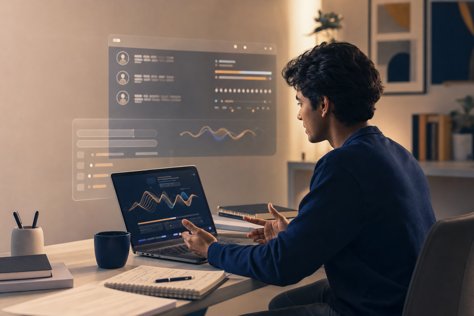 Student taking a live AI practice interview with an abstract cohort dashboard